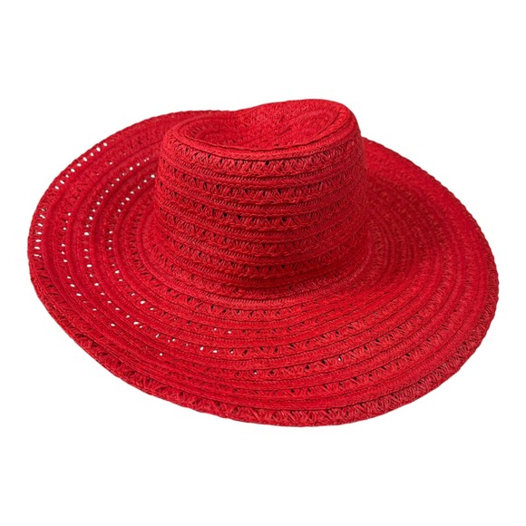 Accessories - Red Straw Sun Hat Wide Brim Perforated Summer Beach Vacation Retro